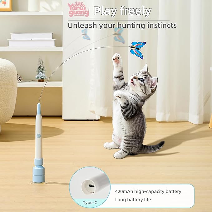 Electric Butterfly Cat Wand – 360° Spinning Self-Play with 2 Modes & Tap-to-Awake, Rechargeable Cleanable Suction Base, 3 Butterfly Refills – Interactive Cat Toys for Indoor Cats
