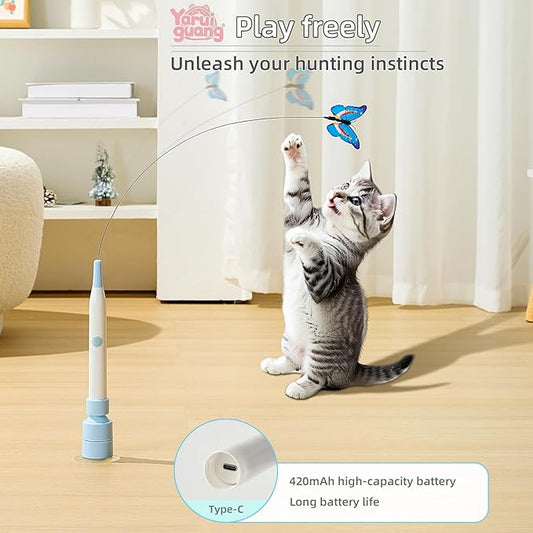 Electric Butterfly Cat Wand – 360° Spinning Self-Play with 2 Modes & Tap-to-Awake, Rechargeable Cleanable Suction Base, 3 Butterfly Refills – Interactive Cat Toys for Indoor Cats