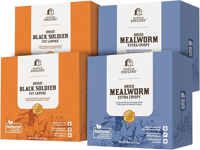 5 lb Mealworms Bundled with 5 lb Black Soldier Fly Dried Chicken Feed - Natural High Protein Treats for Backyard Poultry, 4 Bags