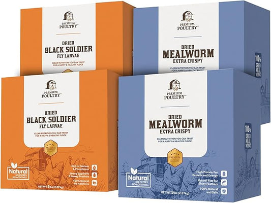 5 lb Mealworms Bundled with 5 lb Black Soldier Fly Dried Chicken Feed - Natural High Protein Treats for Backyard Poultry, 4 Bags