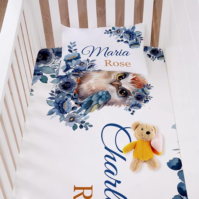 Personalized Crib Bedding Set for Baby Boy Girl, Custom Name Owl Design 3 Piece Baby Bedding Set, Including Plush Blanket, Fitted Sheet and Pillowcase for Newborn Nursery Gift
