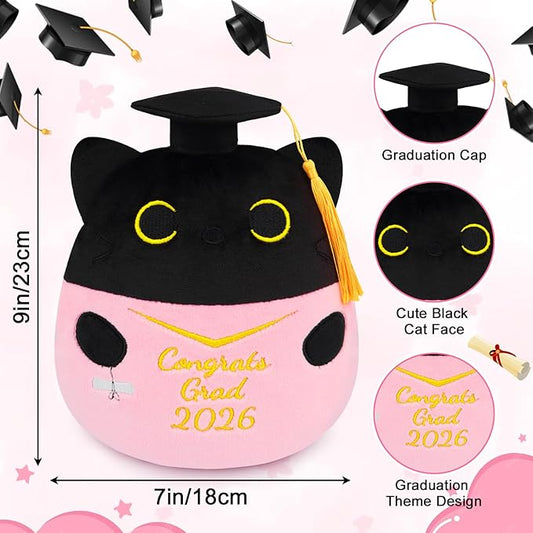 Graduation Black Cat Plush, 8 Inch Graduation Plush with Diploma Tassel Hat, Class of 2026 Graduation Stuffed Animal for Kids & Firends, High School College Kindergarten Graduation Gifts