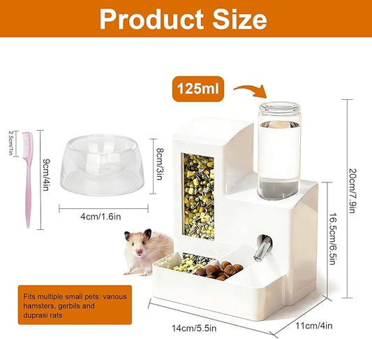 3-in-1 Hamster Feeder, Water Bottle & Food Bowl, 125ml Small Animal Water Dispenser for Hamsters, Mice, Rats, Gerbils - White