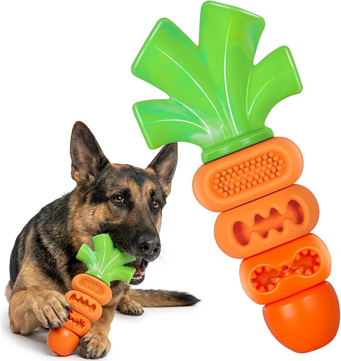 Frienhund Tough Dog Toys for Aggressive Chewers Medium to Large Breed, Indestructible 7" Nylon & Rubber Carrot, Bacon Flavored Dental Chew Toy for Boredom, Easter Basket Stuffers for Dogs (20-70 lbs)