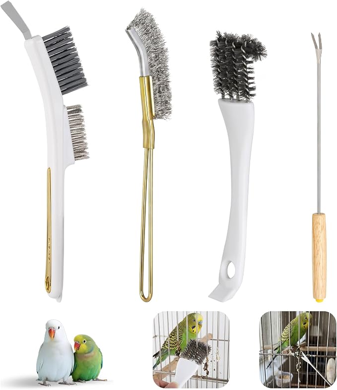 Bird Cage Accessories Bird Poop Remover Brush, Bird Cage Cleaner Brush for Poop Off Bird Poop Remover, Parrot Cage Cleaning Brush Tools for Parakeet Small Animal Cage and Bird Cage Perch Cleaner 4Pcs