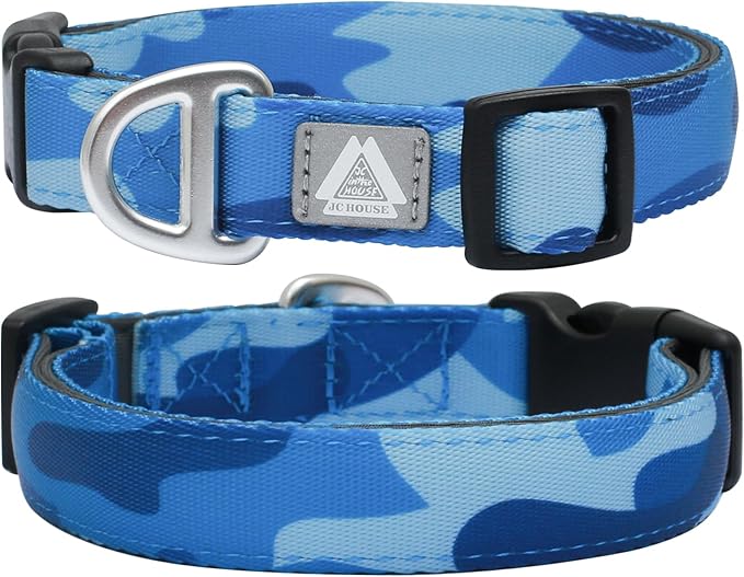 Soft Padded Dog Collar, Neck 12’’-20’’, Adjustable Heavy Duty Collar with 3M Reflective Logo for Medium, Large Dogs, Camo Blue, Medium