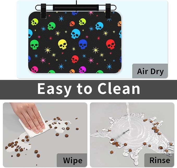 Pet Supplies Absorbent Quick Dry Cat & Dog Food Mat (Neon Stars Colorful Skulls)