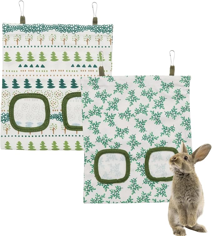 2 PCS Rabbit Hay Feeder Bag Hanging Guinea Pig Hay Feeder with 2 Holes Small Animal Feeders Storage Pouch Holder for Rabbits Hamsters Small Pets(Color 1)