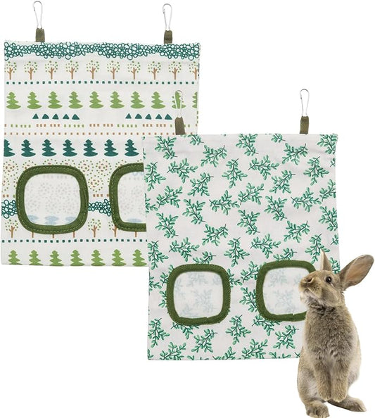 2 PCS Rabbit Hay Feeder Bag Hanging Guinea Pig Hay Feeder with 2 Holes Small Animal Feeders Storage Pouch Holder for Rabbits Hamsters Small Pets(Color 1)