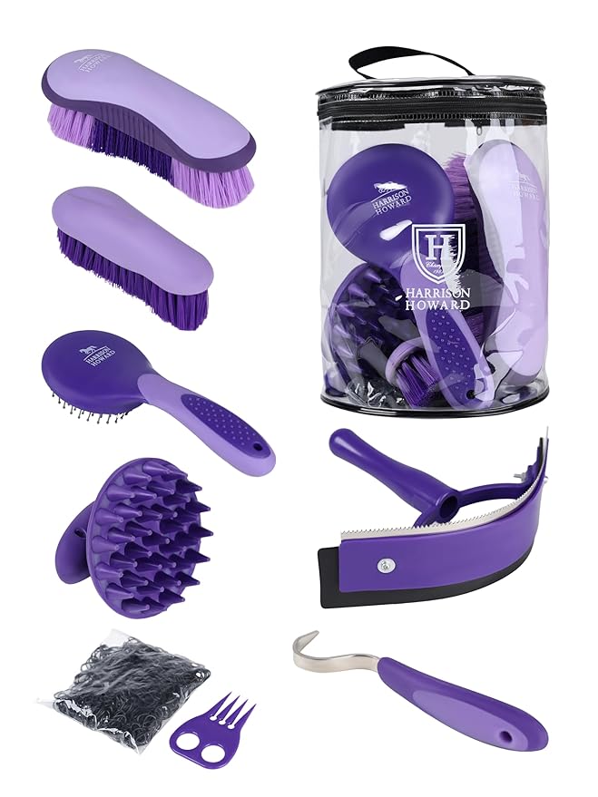 Harrison Howard Horse Grooming Kit, 7 Piece Horse Brush Set with Curry Comb, Hoof Pick, Sweat Scraper & Bag Purple