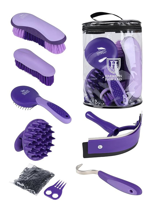 Harrison Howard Horse Grooming Kit, 7 Piece Horse Brush Set with Curry Comb, Hoof Pick, Sweat Scraper & Bag Purple