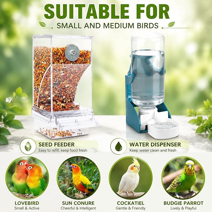 Rypet No Mess Bird Water Feeder Dispenser Set Automatic Bird Feeder Transparent Food Container Cage Acrylic Parrot Feeders Accessories for Small Birds Parrot Cockatoo Canary
