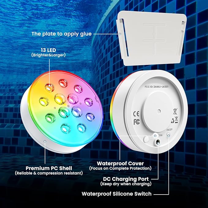 LOFTEK Pool Lights, Rechargeable Submersible LED Lights with Remote, IP68 Waterproof, 16 Colors Underwater Pool Light for Above Ground Inground Pool, Hot Tub, Shower, Bathub, Party, Vase, 2 Pack
