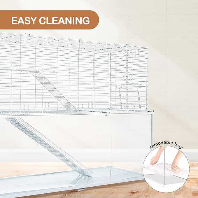 3 Tiers Large Hamster Cages Glass, Heightened Wire Topper with Two Shelf and Two Ladders Ramps, Openable Top, Easy to Clean Removeable Waterproof PVC Tray Medium