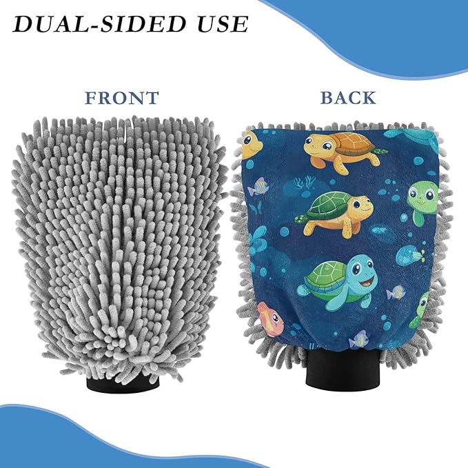 Car Wash Mitt Microfiber Wash Mitts for Car Washing Scratch-Free Cleaning Gloves Soft Non Absorbent Chenille Auto Hand Mitt Large 2Pack Cute Turtles and Corals