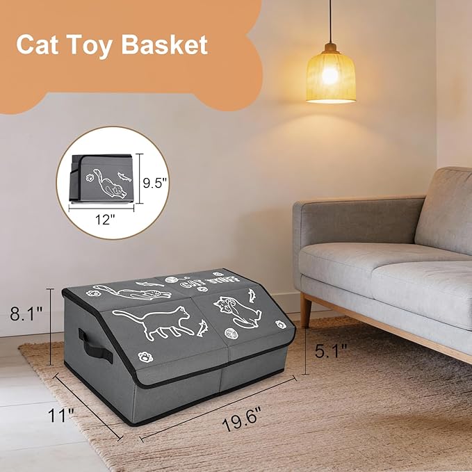 Sturdy MDF Cat Toy Box Storage with Lid, 19" Collapsible Cat Toy Bin with Handle, 600D Fabric Cute Pet Storage Basket Organizers for Pet Toys, Treats Clothes and Accessories - Grey (2 Pack)