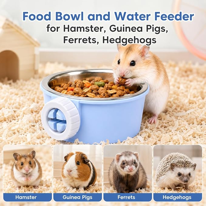 Small Pet Food & Water Bowl Feeder for Hamsters, Guinea Pigs, Rabbits | Secure cage bowl with removable stainless steel insert reduces spills, saves space, convenient daily feeding