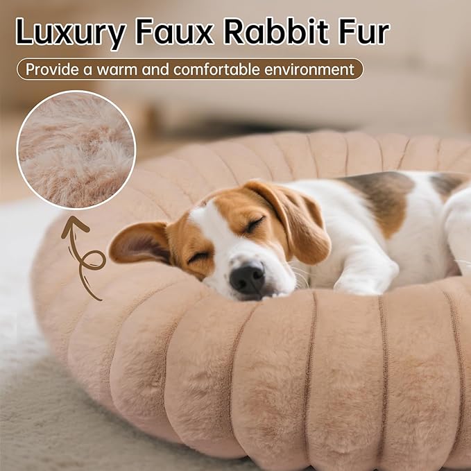 Donut Dog and Cat Bed, Luxurious Comfortable Faux Rabbit Fur Pet Beds, Round Anti-Anxiety Calming Puppy Kitten Bed with Anti-Slip Bottom for Small Medium Dogs & Cats(25", Brown)