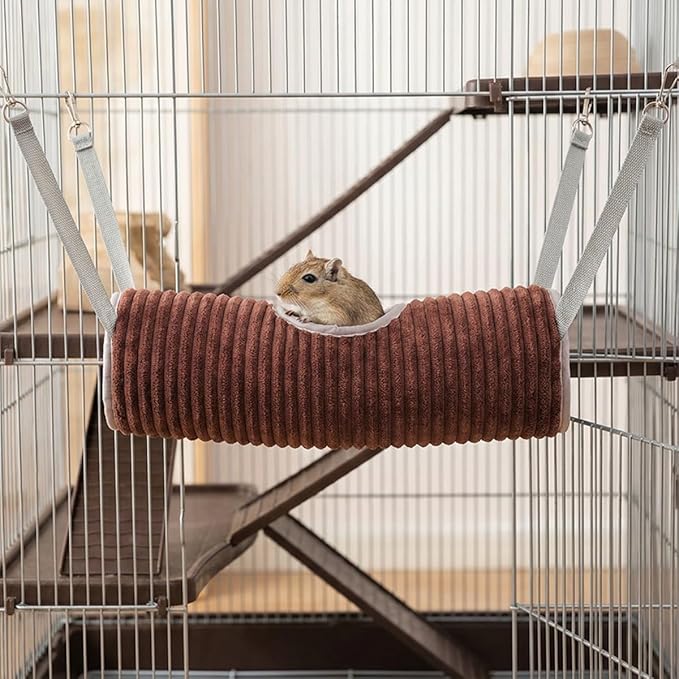 Hanging Ferret Tunnel Hammock, Warm Plush Dwarf Hamster Hideout Bed with Metal Hooks, Washable & Foldable for Hedgehog (Coffee Brown)