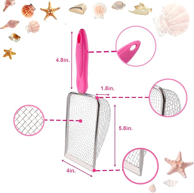 MUYIZI Beach Mesh Shovel with Mesh Beach Bag for Shell Collecting, Kids Sand Sifter for The Beaches,Shell Scooper for Beaches,Shark Tooth Sifter Dipper,Sea Shell Bags for Kids,Sand Toys (Bright Pink)
