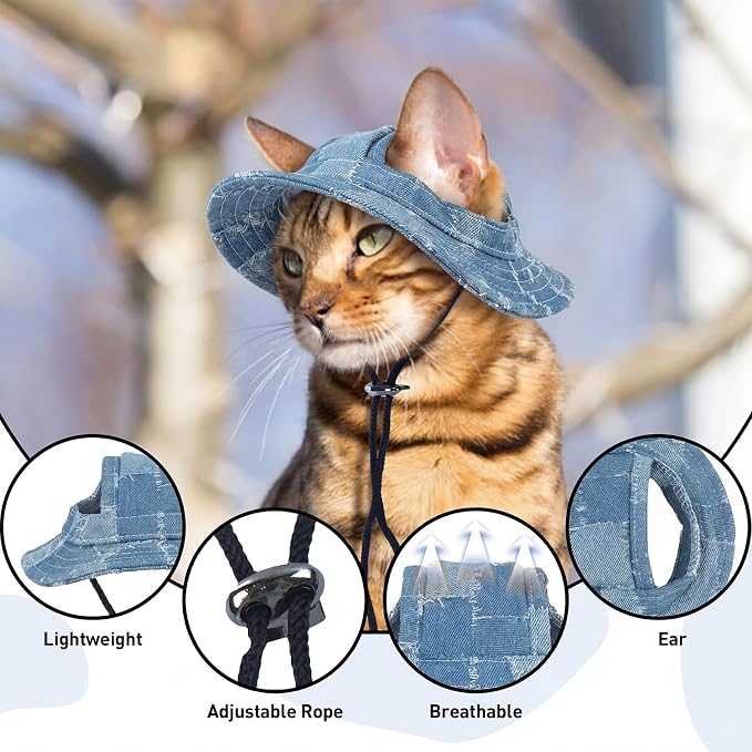 QBLEEV Cat Hats for Cats Only, Sphynx Hat with Ear Hole, Summer Cowboy Hats | Breathable kitten headwear mini sun sombrero caps, pet chihuahua sunscreen baseball outdoor climbing cap for birthday party