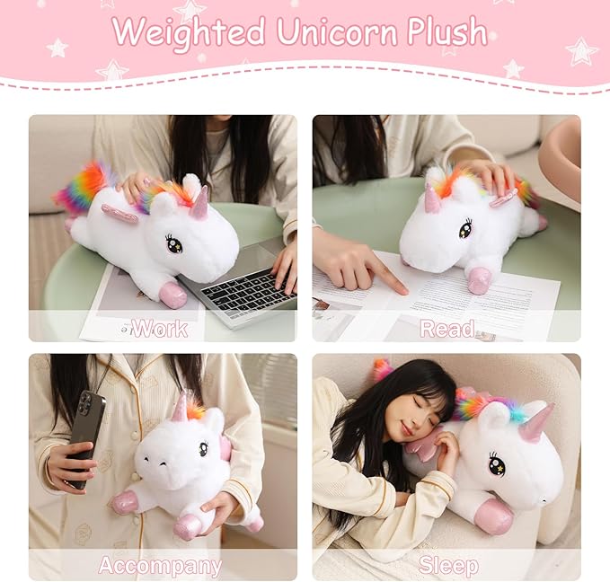 SQEQE Weighted Unicorn Plush, Weighted Unicorn Stuffed Animal, Cute Plushies Soft Pillow Toy Gift for Kids Adults 9.8 Inch, 0.8 Lbs