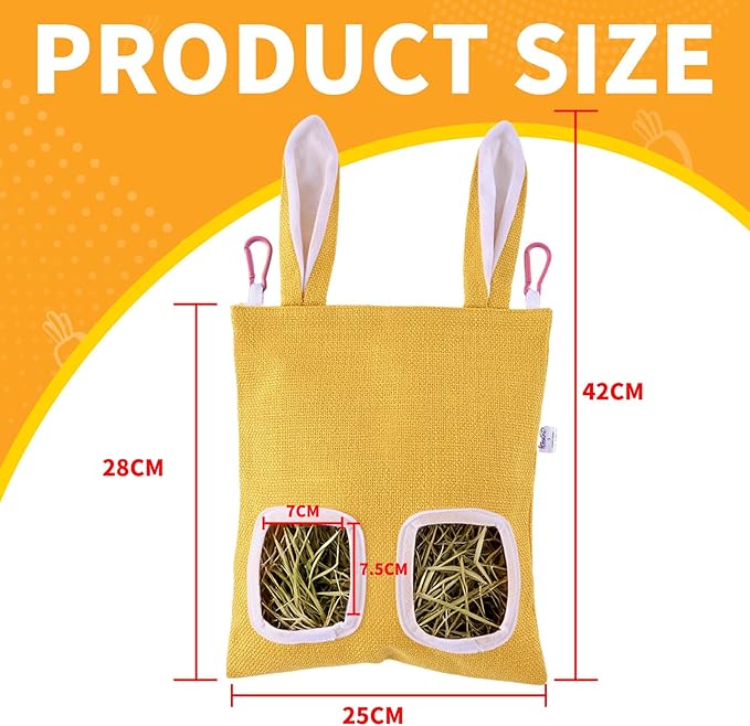 2 Pack Rabbit Guinea Pig Hay Feeder, Cute Bunny Hay Bag, Hanging Hay Holder for Guinea Pig Cage, Hay Feeder for Rabbits Chinchillas Hamsters Small Pets and Animals (Yellow & Green)