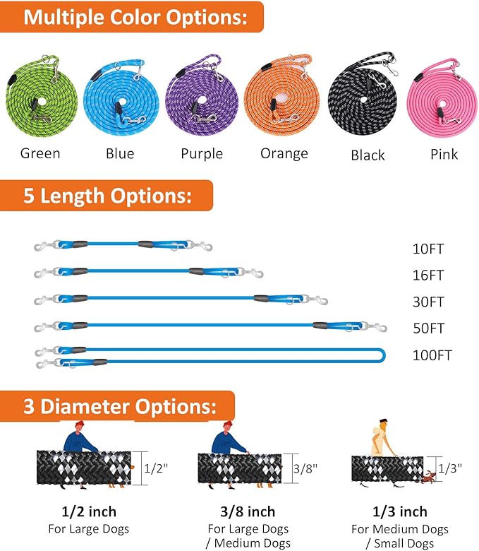 Long Dog Leash for Dog Training 16FT/30FT/50FT/100FT, Heavy Duty Dog Lead for Large Medium Small Dogs Outside Walking, Playing, Camping, or Yard 12Pink16FT
