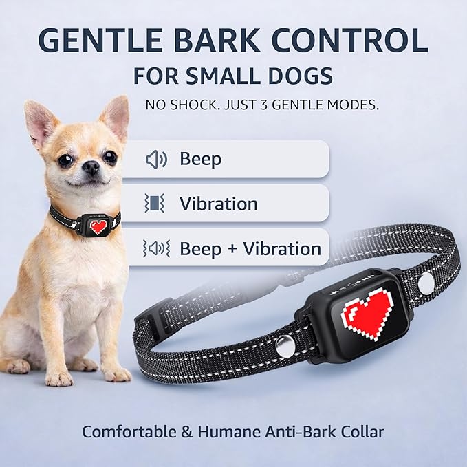 Bark Collar for Small Dogs 5-15 lbs with Magnetic Charging – No Shock, 3 Beep & Vibration Modes, 5 Sensitivity Levels – Humane Stop Anti-Barking Device – Dog Training Bark Collar (Black/Red Heart)