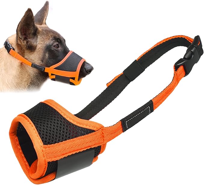 LUCKYPAW Dog Muzzle Anti Biting Barking and Chewing with Comfortable Mesh Soft Fabric and Adjustable Strap, Suitable for Small, Medium and Large Dogs(Orange,L)