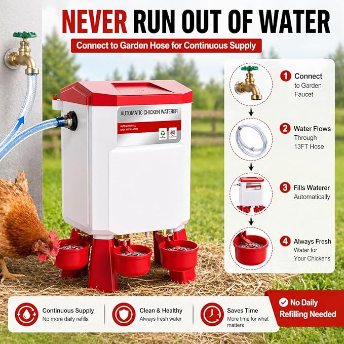Automatic Chicken Waterer 2 Gallons, Chicken Water Feeder with Float Valve & 4 Water Cups, 13FT Hose Poultry Waterer System, Chicken Coop Water Dispenser for Chickens Ducks Quail Turkey (Red, 2 GAL)