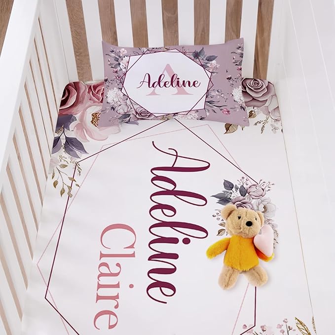 Personalized Crib Bedding Set for Baby Boy Girl, Custom Name Roses Design 3 Piece Baby Bedding Set, Including Plush Blanket, Fitted Sheet and Pillowcase for Newborn Nursery Gift
