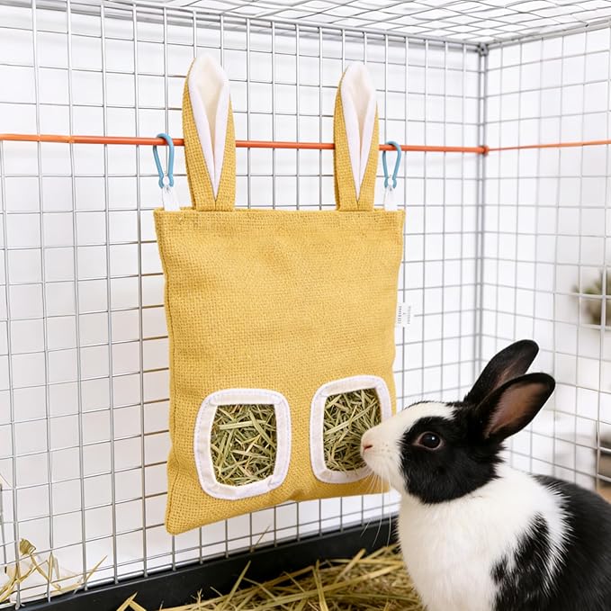2 Pack Rabbit Guinea Pig Hay Feeder, Cute Bunny Hay Bag, Hanging Hay Holder for Guinea Pig Cage, Hay Feeder for Rabbits Chinchillas Hamsters Small Pets and Animals (Yellow & Green)