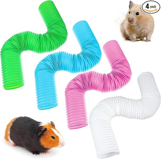 4 Pack Hamster Tunnels, Foldable Plastic Tube Toy & Hideout for Hamsters, Mice, Rats, Ferrets, Guinea Pigs, and Other Small Animals (Blue, Green, Pink, White)