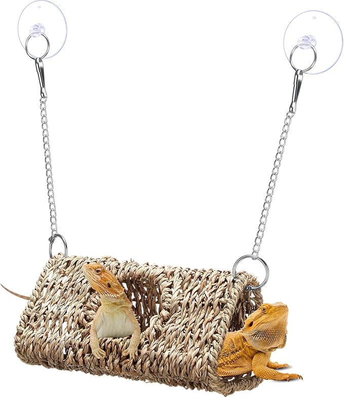 CroBlissful Reptile Hide Cave Hollow Cave Hideout with 2 Pcs Suction Cup and Chain Gecko Hide Reptile Tank Decor Seagrass Fiber Climbing Toy for Lizard Snake Hermit Crab(Triangle,Pale Yellow)