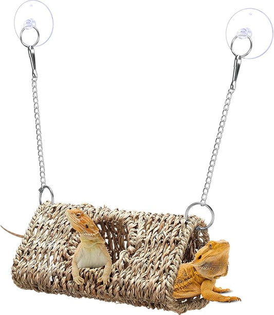 CroBlissful Reptile Hide Cave Hollow Cave Hideout with 2 Pcs Suction Cup and Chain Gecko Hide Reptile Tank Decor Seagrass Fiber Climbing Toy for Lizard Snake Hermit Crab(Triangle,Pale Yellow)