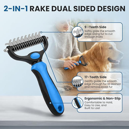 Double-Sided Pet Grooming Rake - 4-in-1 Professional Pet Grooming Kit, Deshedding Dematting Tool for Dogs, Cats, Extra-Wide Grooming Brush & Deshedder Comb for Long and Short Haired Pets (4PCS Blue)