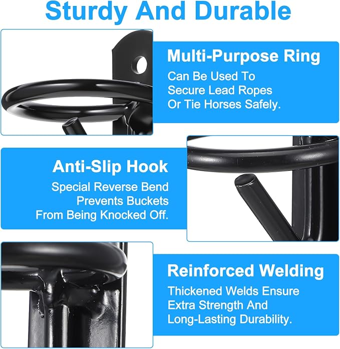 6 Pack Heavy Duty Bucket Hooks for Horse Stalls Anti-Tip Metal Bucket Holder for Horse Feed and Water Stable Barn Fence Accessories with Screws, Black