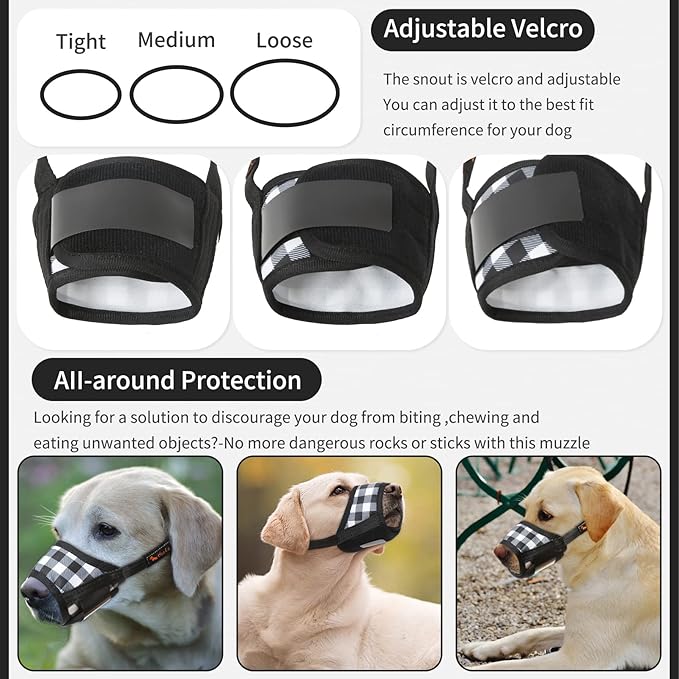 HEELE Dog Muzzle,Soft Nylon Muzzle Anti Biting Barking Chewing,Air Mesh Breathable Drinkable Adjustable Loop Pets Muzzle for Small Medium Large Dogs 4 Colors 4 Sizes (P-Black White Plaid, L)