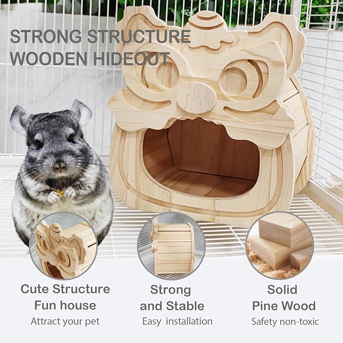 Chinchilla Hideout Wooden Hides for Guinea Pigs, Small Animal Nature Wood House Chinchilla Cage Accessories for Hamster, Squirrel, Sugar Gliders etc (Lion Shape)