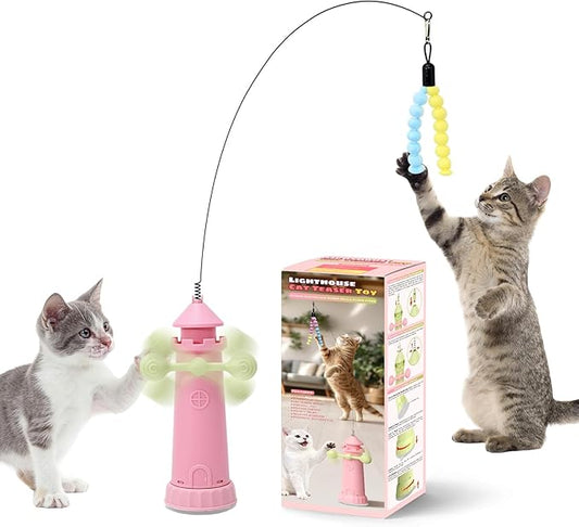 Interactive Cat Toys for Indoor Cats, Windmill Feather Cat Teaser Wand, Bouncy Kitten Toys with Strong Suction Cup Base for Bored Felines & Self-Played Enrichment Pink