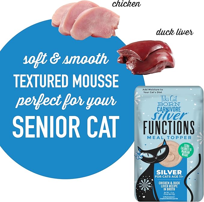 Tiki Cat Born Carnivore Silver Functional Wet Cat Food Topper for Senior Cats, 1.5 oz. Pouch (12 Count)