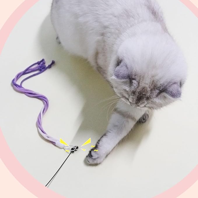 Andiker Cat Wand Toys, Colorful Cat Teaser Toy with 2 Cotton Rope Refills & 1 Long Steel Wand, Interactive Cat Toy for Indoor Cats to Chase Chew and Exercise (Rainbow and Purple)