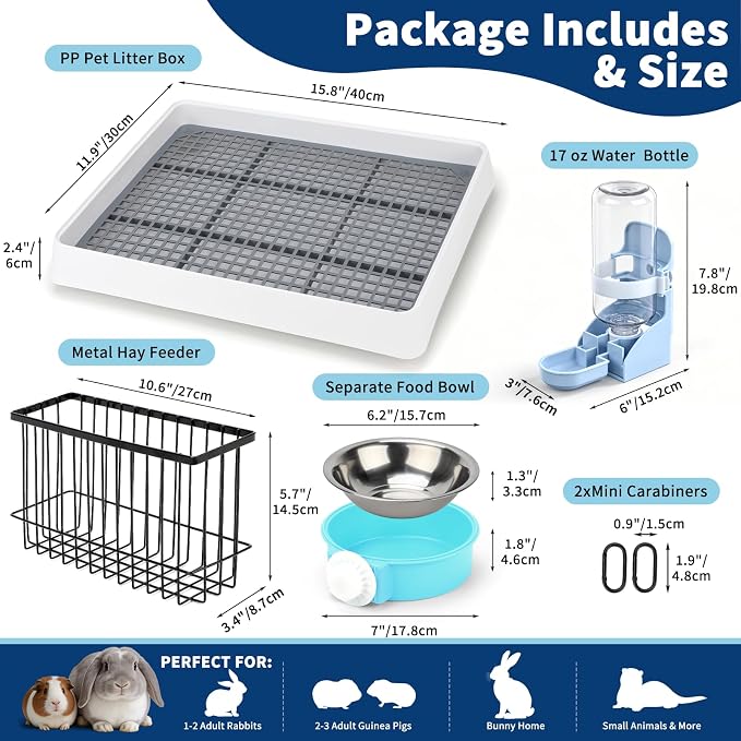 FHTONGE 4 in 1 Guinea Pig Litter Box with Feeder for Cage, Metal Hay Rack&Trainer Tray&Water Bottle&Food Bowl, Guinea Pig Toilet and Feeder Combo for Bunny Hamster Hedgehog Chinchilla Sugar Glider