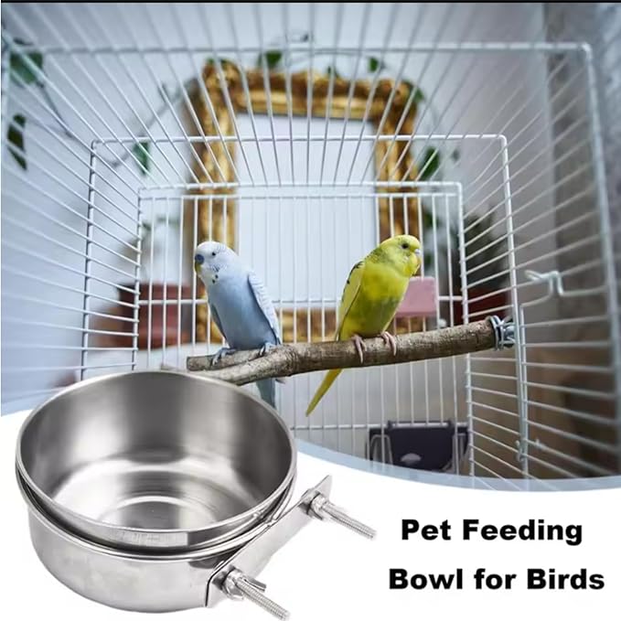 Bird Bowls for Cage Stainless Steel, Parakeet Feeding Dish Cups with Clamp Holder, Hanging Hamster Foraging Food Water Bowl for Parrot Cockatiel Budgies Bunny Hedgehog Dog Cat (4.7*2inch,Silver)