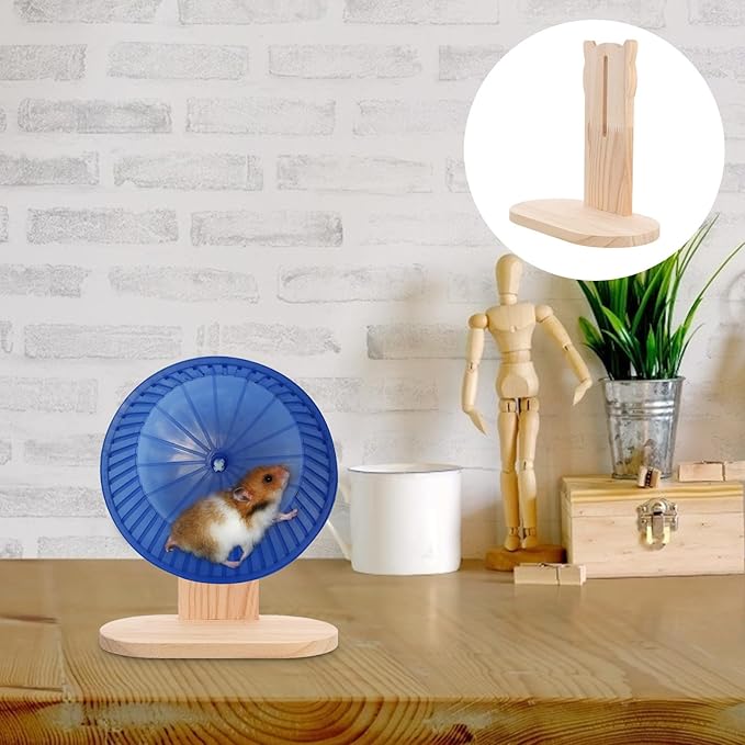 Toyvian Hamster Running Wheel Stand with Wood Base, Rotating Mute Design Exercise Wheel Holder for Small Pets Cage
