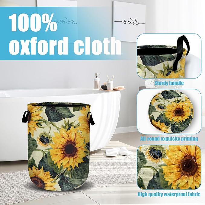 Retro Sunflower Laundry Basket, Floral Laundry Hamper Collapsible Oxford Cloth with Handle Clothes Storage Bin for Bathroom Laundry Room Bedroom 15.7 X 20 Inch