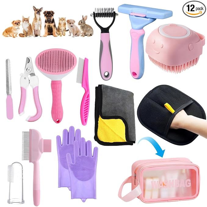 Aglads 12PCS Cat Rabbit Bunny Dog Grooming Kit,Self-Cleaning Slicker Brush&Deshedding Tool,Dematting Comb,Nail Clipper&File,Electrostatic Hair Removal Gloves,Complete Pet Grooming Supplies(12, pink)
