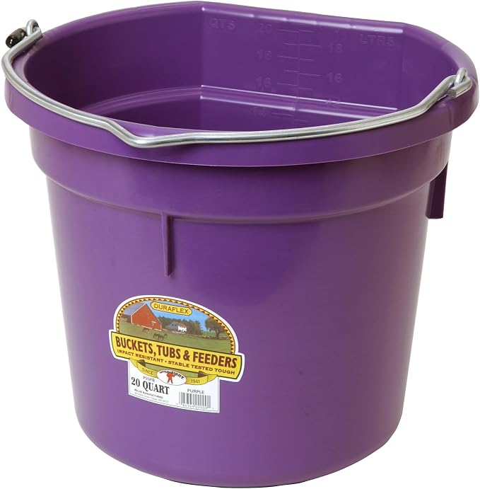 Little Giant® Flat Back Plastic Animal Feed Bucket | Animal Feed Bucket with Metal Handle | Horse Stall Feeding and Watering Supplies (Purple, 20 Quart)