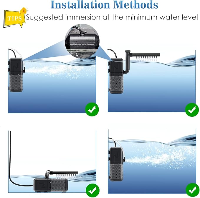 AQQA Aquarium Filter, Submersible Power Fish Tank Filter with Rainwater Aerator System Adjustable Water Flow Design, Ultra Silent Biochemical Sponge Filtration Up to Fish Tank 50 Gallon (6W-158GPH)